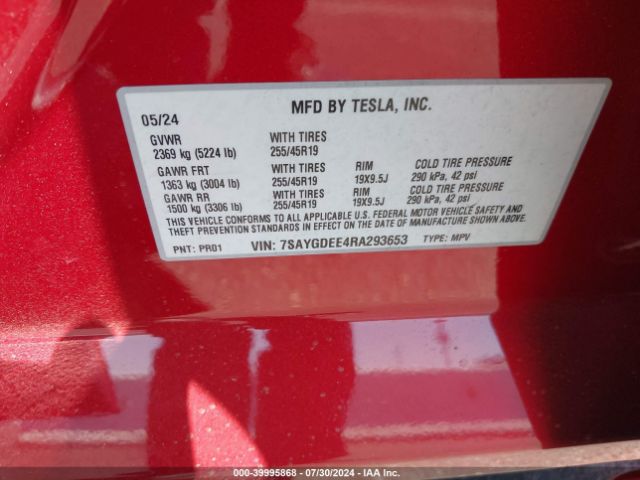 Photo 8 VIN: 7SAYGDEE4RA293653 - TESLA MODEL Y 