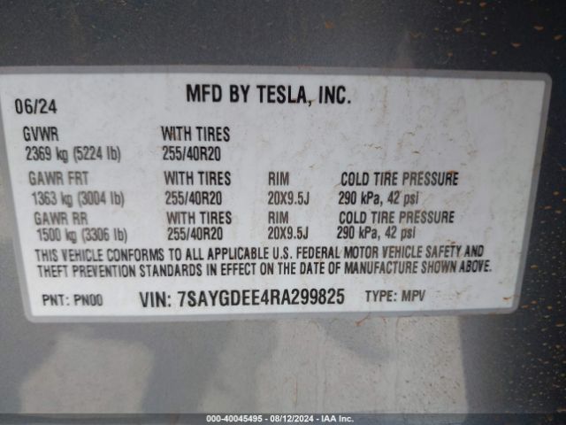 Photo 8 VIN: 7SAYGDEE4RA299825 - TESLA MODEL Y 