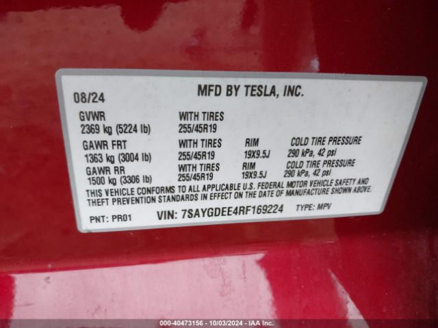 Photo 8 VIN: 7SAYGDEE4RF169224 - TESLA MODEL Y 