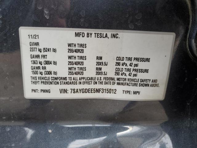 Photo 11 VIN: 7SAYGDEE5NF315012 - TESLA MODEL Y 