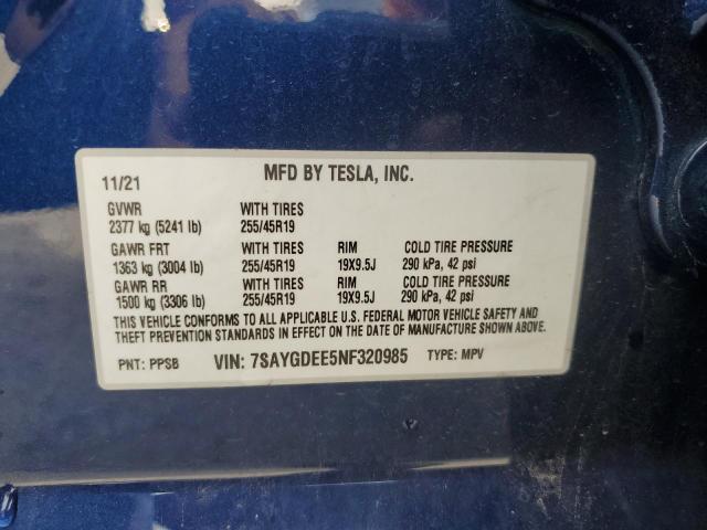 Photo 11 VIN: 7SAYGDEE5NF320985 - TESLA MODEL Y 