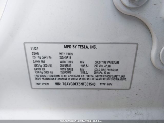 Photo 8 VIN: 7SAYGDEE5NF331548 - TESLA MODEL Y 