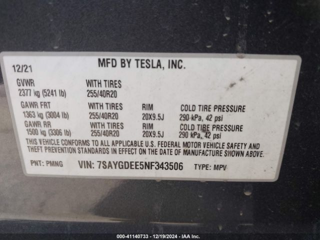 Photo 8 VIN: 7SAYGDEE5NF343506 - TESLA MODEL Y 