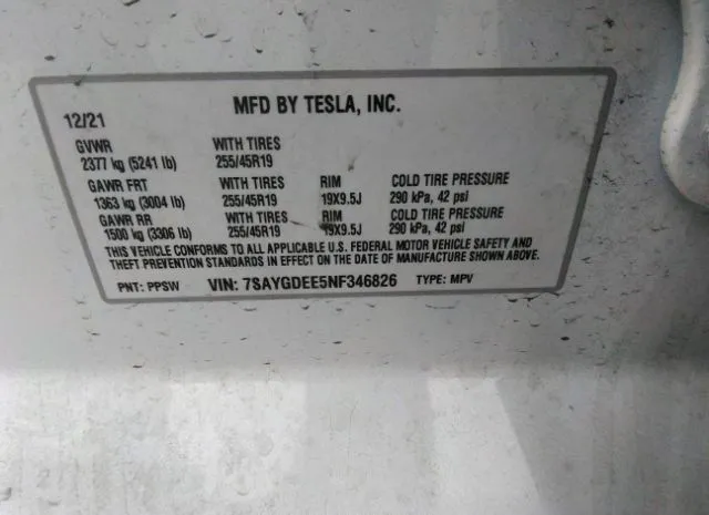 Photo 8 VIN: 7SAYGDEE5NF346826 - TESLA MODEL Y 