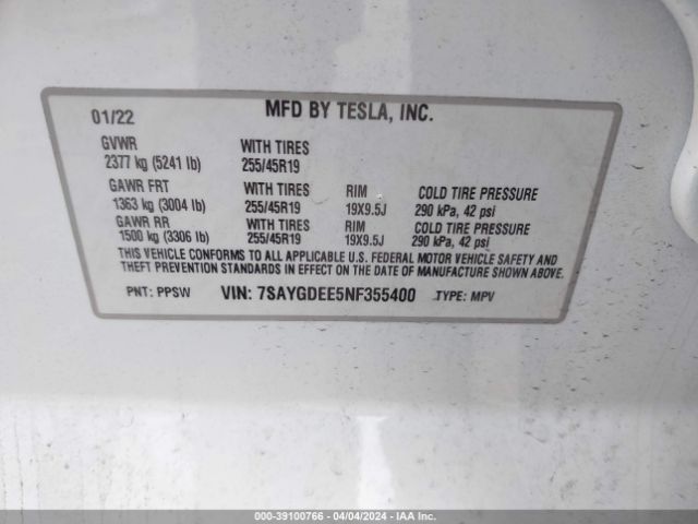 Photo 8 VIN: 7SAYGDEE5NF355400 - TESLA MODEL Y 