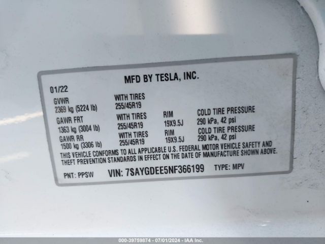 Photo 8 VIN: 7SAYGDEE5NF366199 - TESLA MODEL Y 