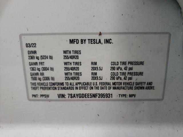 Photo 9 VIN: 7SAYGDEE5NF395931 - TESLA MODEL Y 