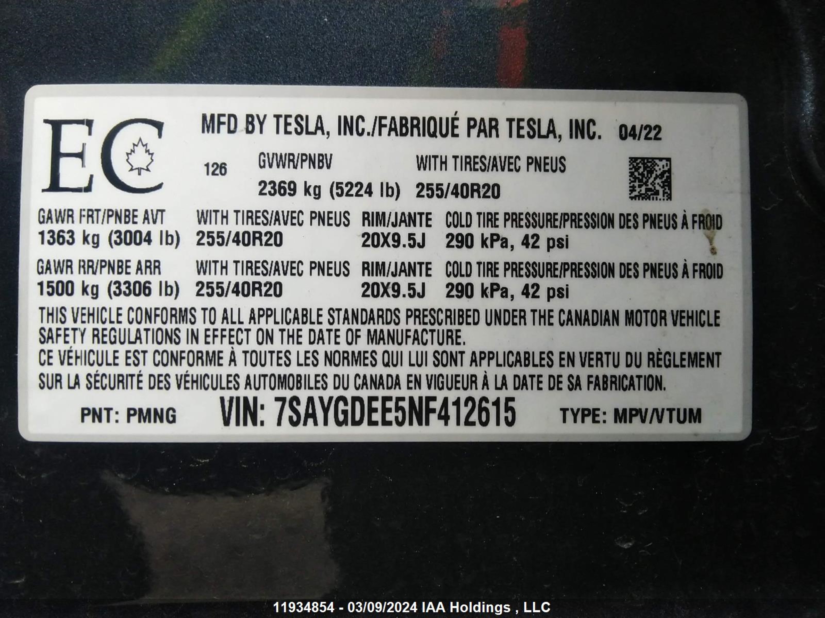 Photo 8 VIN: 7SAYGDEE5NF412615 - TESLA MODEL Y 