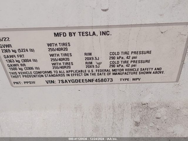 Photo 8 VIN: 7SAYGDEE5NF458073 - TESLA MODEL Y 