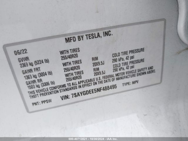 Photo 8 VIN: 7SAYGDEE5NF488495 - TESLA MODEL Y 