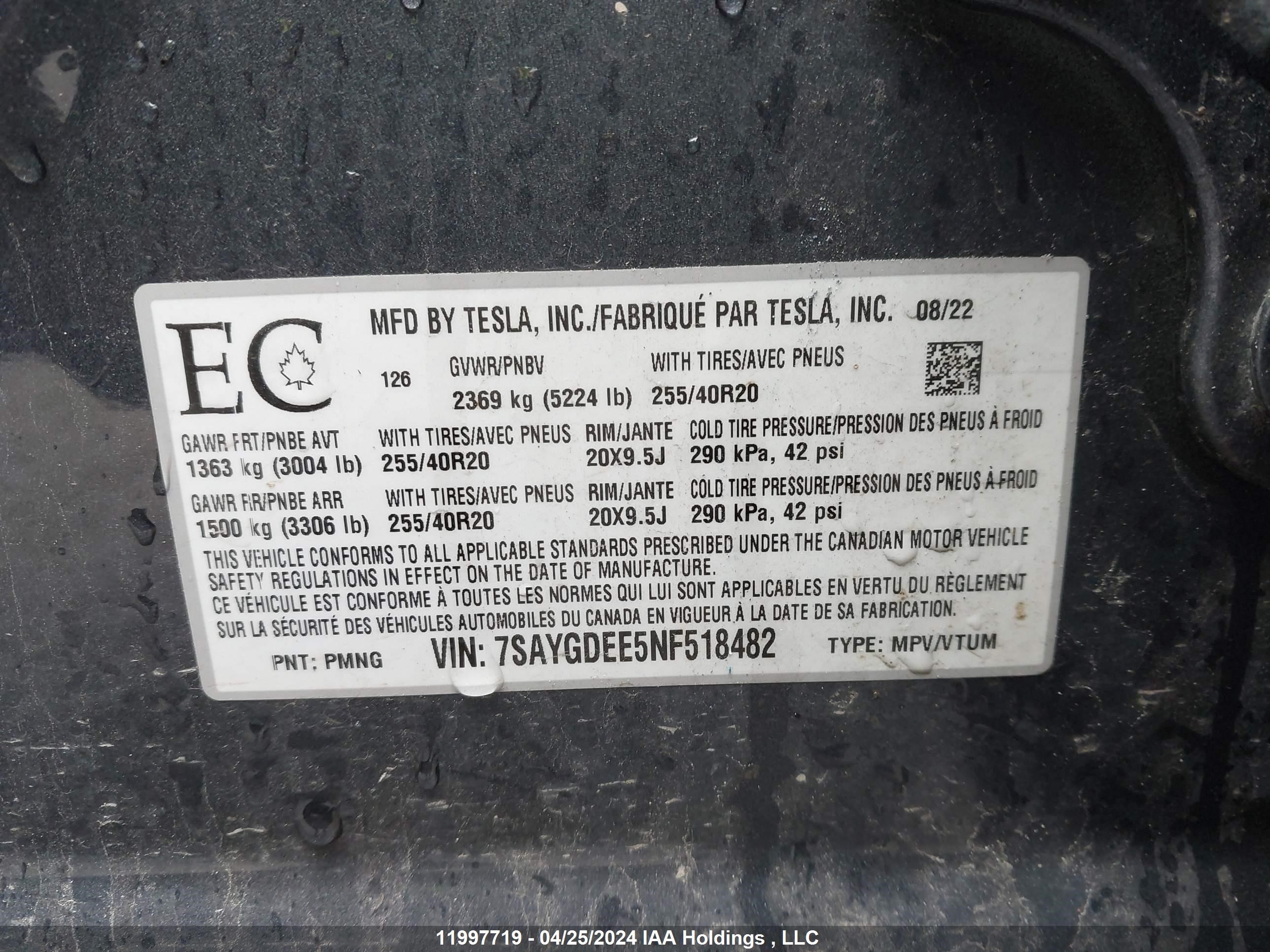 Photo 8 VIN: 7SAYGDEE5NF518482 - TESLA MODEL Y 