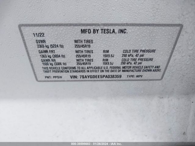 Photo 8 VIN: 7SAYGDEE5PA038359 - TESLA MODEL Y 