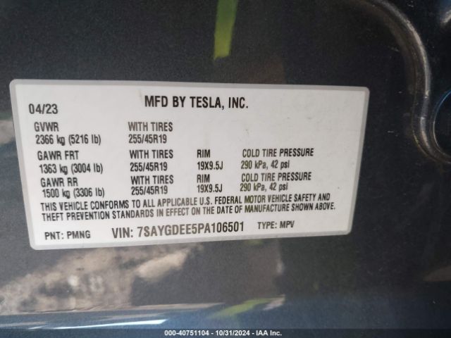 Photo 8 VIN: 7SAYGDEE5PA106501 - TESLA MODEL Y 