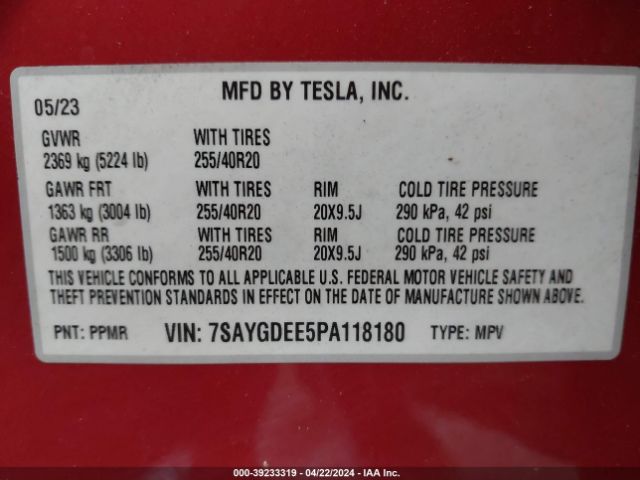 Photo 8 VIN: 7SAYGDEE5PA118180 - TESLA MODEL Y 