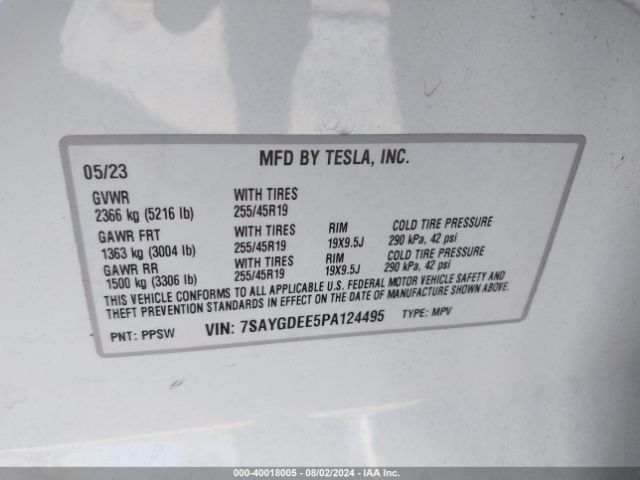 Photo 8 VIN: 7SAYGDEE5PA124495 - TESLA MODEL Y 