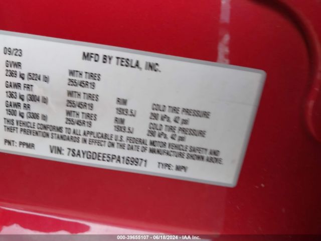 Photo 8 VIN: 7SAYGDEE5PA169971 - TESLA MODEL Y 