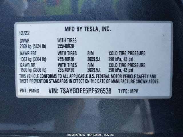 Photo 8 VIN: 7SAYGDEE5PF626538 - TESLA MODEL Y 