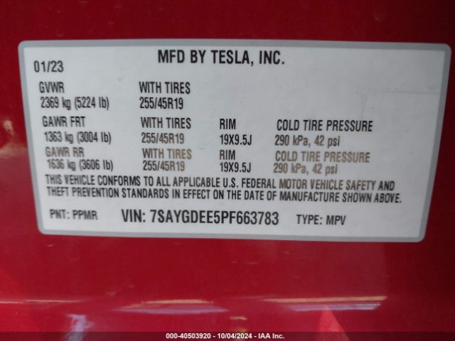 Photo 8 VIN: 7SAYGDEE5PF663783 - TESLA MODEL Y 