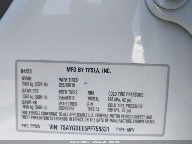 Photo 8 VIN: 7SAYGDEE5PF758831 - TESLA MODEL Y 