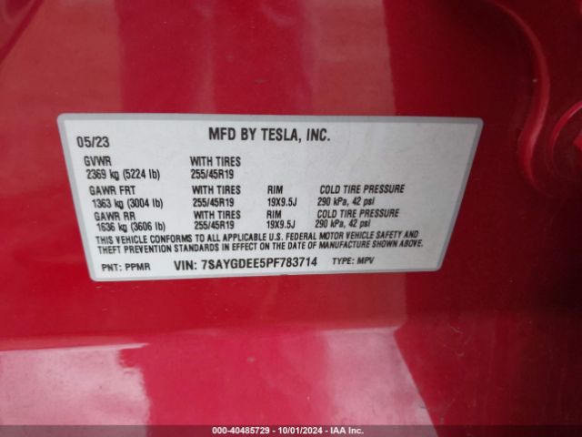 Photo 8 VIN: 7SAYGDEE5PF783714 - TESLA MODEL Y 