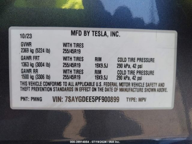 Photo 8 VIN: 7SAYGDEE5PF900899 - TESLA MODEL Y 