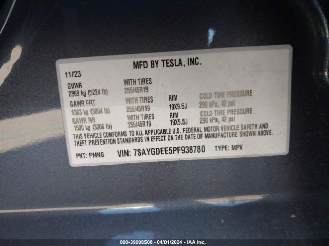 Photo 8 VIN: 7SAYGDEE5PF938780 - TESLA MODEL Y 