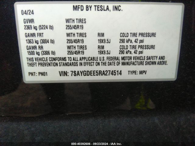 Photo 8 VIN: 7SAYGDEE5RA274514 - TESLA MODEL Y 