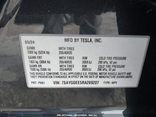 Photo 8 VIN: 7SAYGDEE5RA289207 - TESLA MODEL Y 