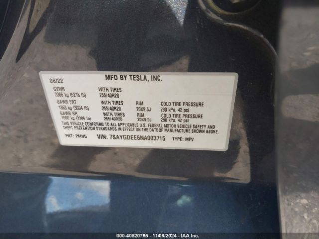 Photo 8 VIN: 7SAYGDEE6NA003715 - TESLA MODEL Y 