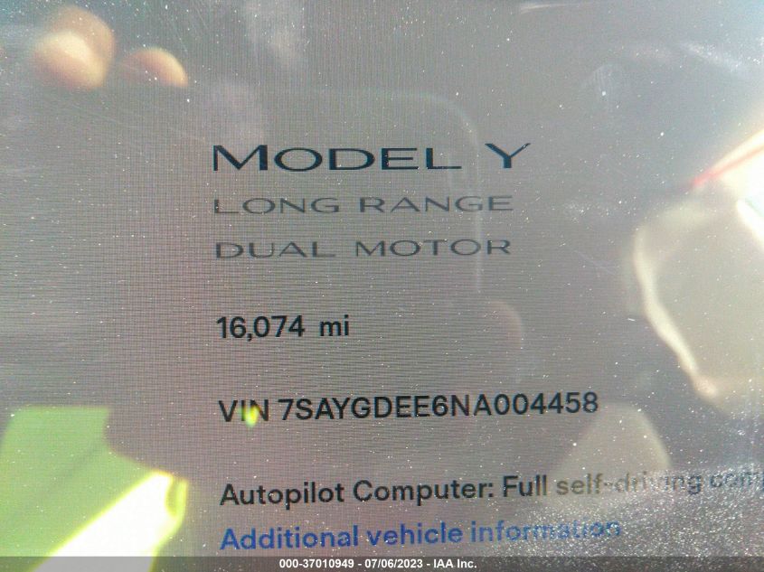 Photo 12 VIN: 7SAYGDEE6NA004458 - TESLA MODEL Y 