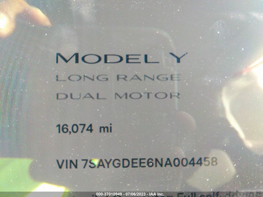 Photo 6 VIN: 7SAYGDEE6NA004458 - TESLA MODEL Y 