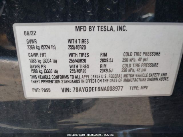 Photo 8 VIN: 7SAYGDEE6NA008977 - TESLA MODEL Y 