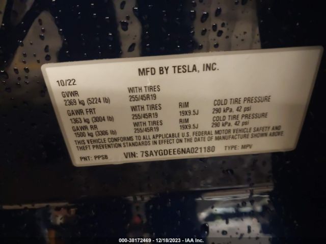 Photo 8 VIN: 7SAYGDEE6NA021180 - TESLA MODEL Y 