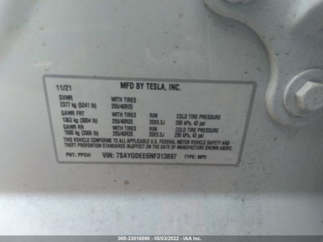 Photo 8 VIN: 7SAYGDEE6NF313897 - TESLA MODEL Y 