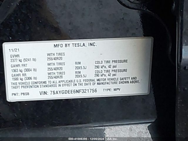 Photo 8 VIN: 7SAYGDEE6NF321756 - TESLA MODEL Y 