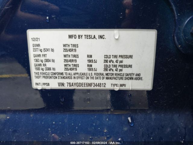 Photo 8 VIN: 7SAYGDEE6NF344812 - TESLA MODEL Y 