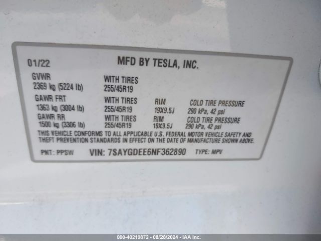 Photo 8 VIN: 7SAYGDEE6NF362890 - TESLA MODEL Y 