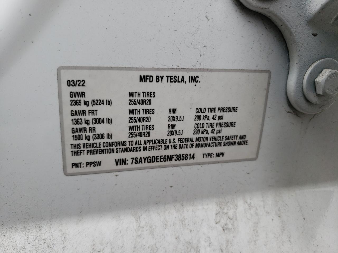 Photo 12 VIN: 7SAYGDEE6NF385814 - TESLA MODEL Y 