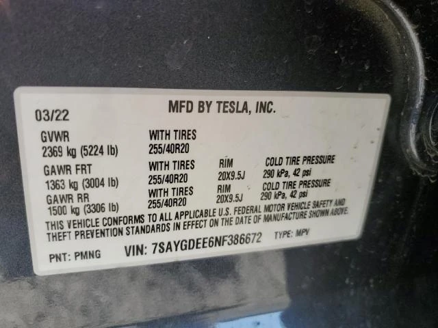 Photo 11 VIN: 7SAYGDEE6NF386672 - TESLA MODEL Y 