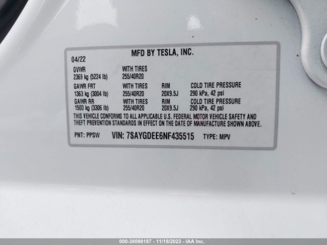 Photo 8 VIN: 7SAYGDEE6NF435515 - TESLA MODEL Y 