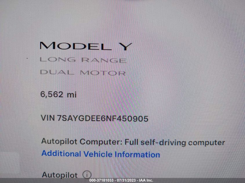 Photo 6 VIN: 7SAYGDEE6NF450905 - TESLA MODEL Y 