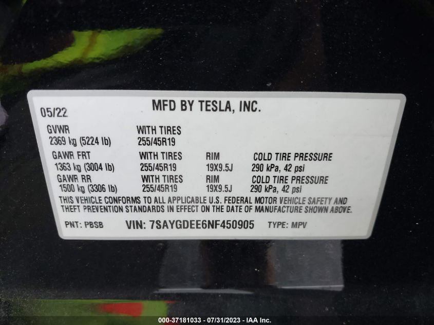 Photo 8 VIN: 7SAYGDEE6NF450905 - TESLA MODEL Y 