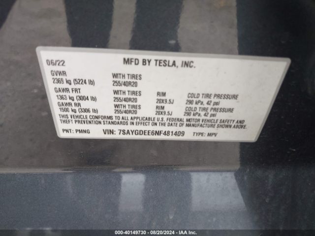 Photo 8 VIN: 7SAYGDEE6NF481409 - TESLA MODEL Y 