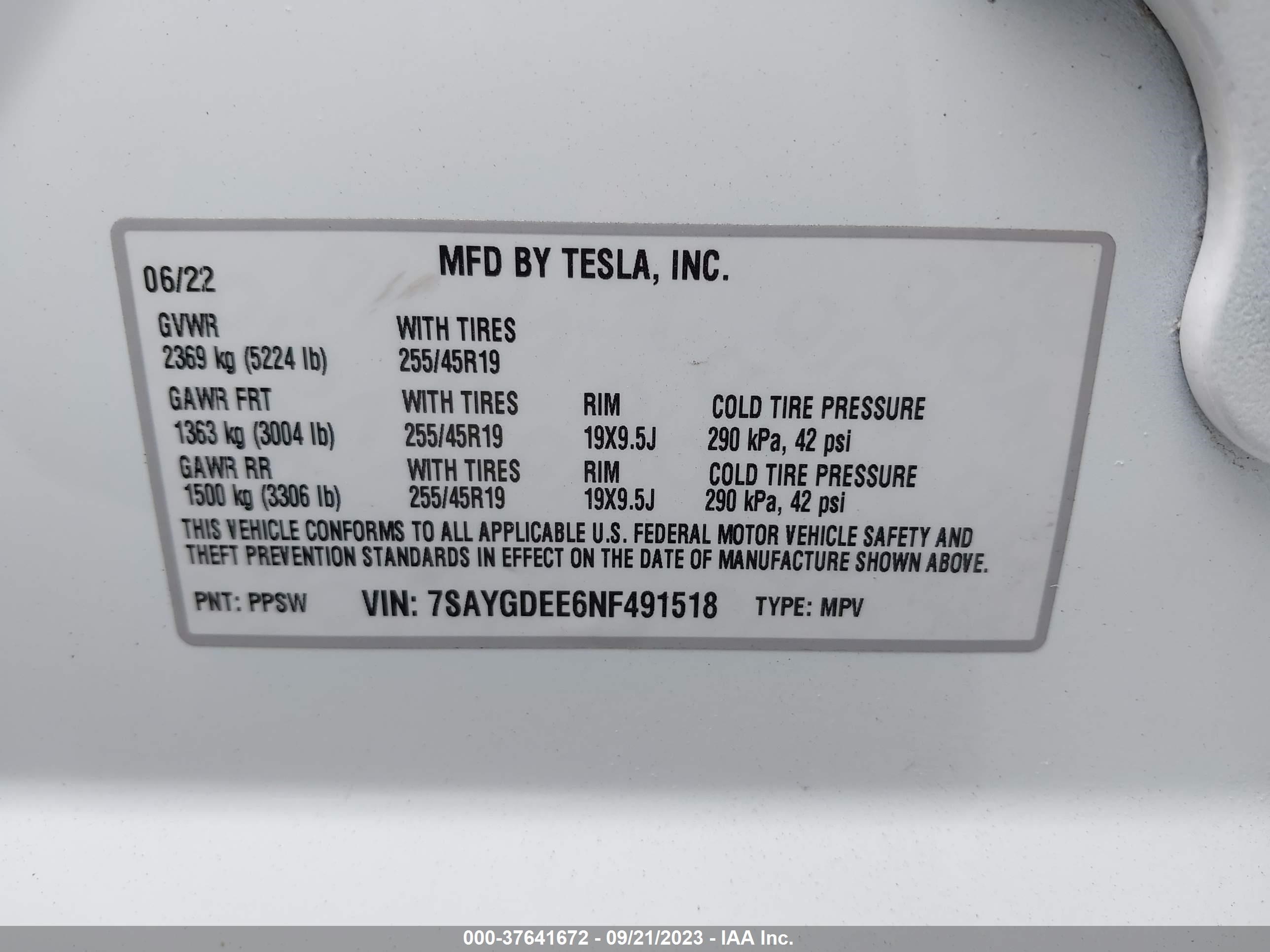 Photo 8 VIN: 7SAYGDEE6NF491518 - TESLA MODEL Y 