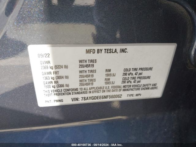 Photo 8 VIN: 7SAYGDEE6NF560062 - TESLA MODEL Y 