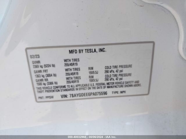 Photo 8 VIN: 7SAYGDEE6PA075596 - TESLA MODEL Y 