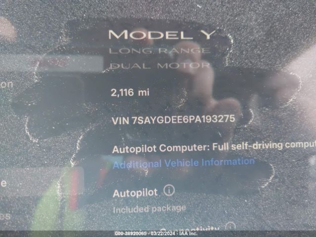 Photo 6 VIN: 7SAYGDEE6PA193275 - TESLA MODEL Y 