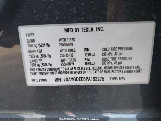 Photo 8 VIN: 7SAYGDEE6PA193275 - TESLA MODEL Y 