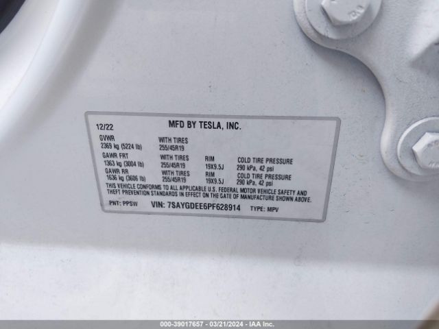 Photo 8 VIN: 7SAYGDEE6PF628914 - TESLA MODEL Y 