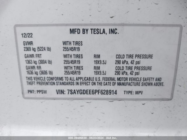 Photo 8 VIN: 7SAYGDEE6PF628914 - TESLA MODEL Y 